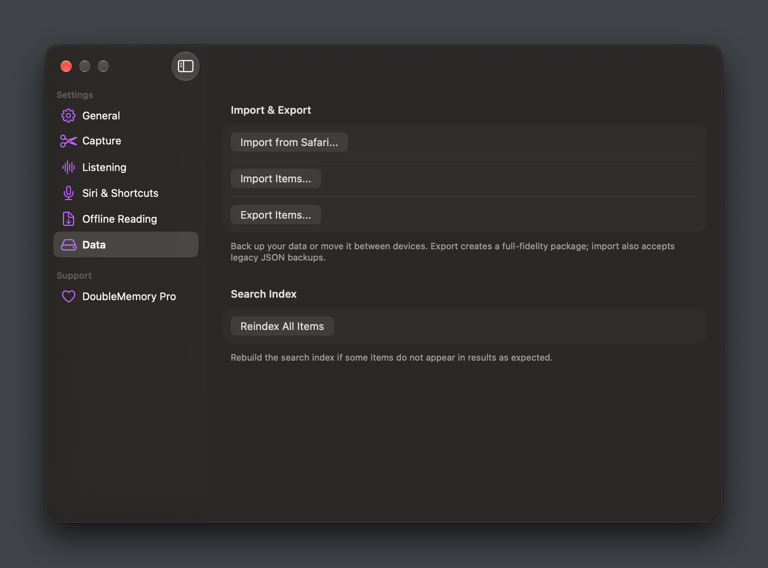 DoubleMemory Settings on the Data pane, with Import from Safari, Import Items and Export Items under Import & Export